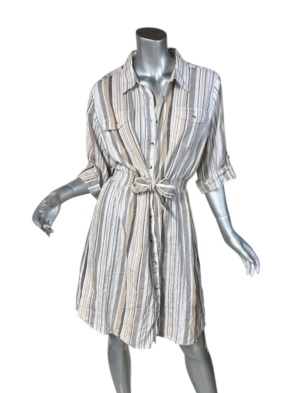 Millenium Striped 100% Cotton Shirt Dress Collar Button Front Small / Medium